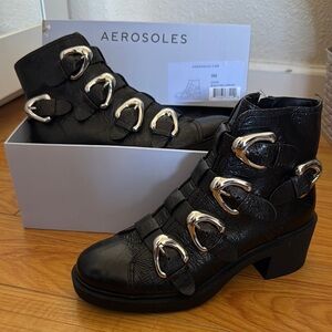 AEROSOLES Black Ankle Booties with Silver Buckle Straps